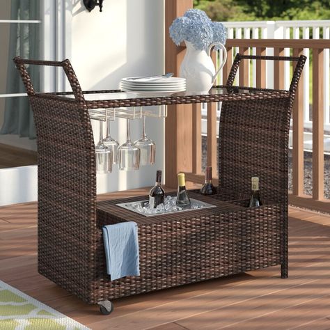 Three Posts™ Bratton Heights Aluminum and Resin Wicker Bar Cart & Reviews | Wayfair Wicker Bar Cart, Wooden Bar Cart, Industrial Bar Cart, Rattan Bar Cart, Rolling Bar Cart, Stemware Storage, Stemware Rack, Vintage Bar Carts, Backyard Seating