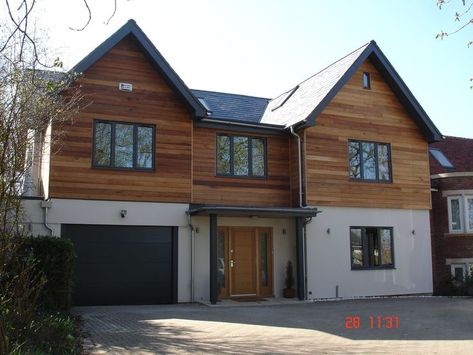 Western Red Cedar Cladding, Cladding Ideas, Oak Cladding, Rendered Houses, 60s House, 70s House, Exterior House Remodel, Cedar Cladding, House Cladding