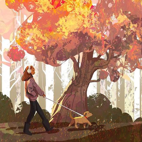 Victoria Ying, Walking With Dog, Fall Illustration, Hungry Ghost, Dog Illustration, April 25, My Dog, All Art, Fall Colors