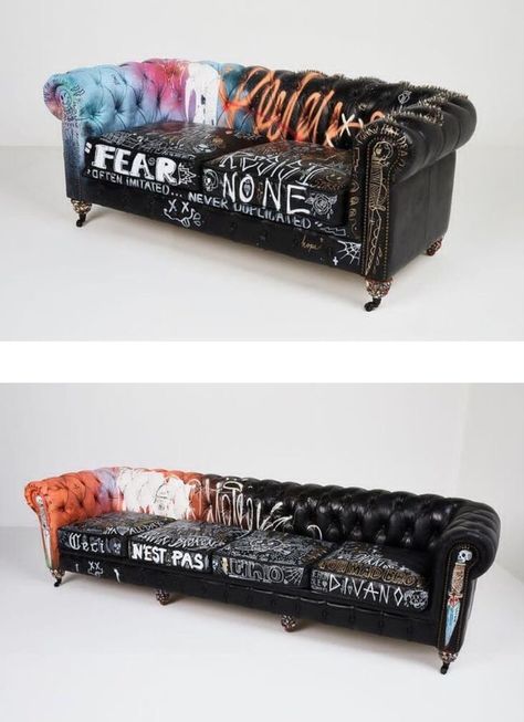 Graffiti Couch, Graffiti Sofa, Punk Interior Design, Repurposed Materials Art, Graffiti Furniture, Crazy Furniture, Sofa Art, Drukarka 3d, Studio Tattoo