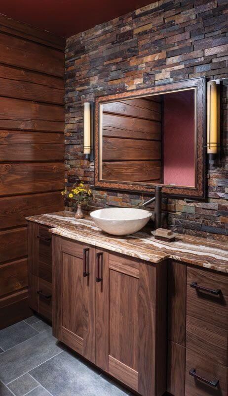 Slate Mosaic Accent Wall Wood Slate Accent Wall, Slate Accent Wall, Accent Wall Bathroom, Rustic Farmhouse Bathroom, Farmhouse Bathroom Design, Unique Bathroom Vanity, Bathroom Farmhouse, Rustic Bathroom Vanities, Rustic Bathroom Designs