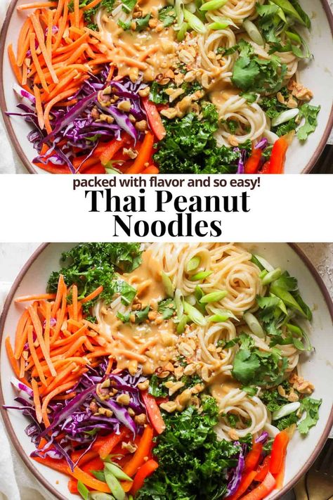 Thai Peanut Noodles - A seriously delicious Thai Peanut Noodle recipe that take minimal cooking, is packed with flavor and makes amazing leftovers! #thaipeanutnoodles #thaipeanutnoodlesrecipe #thaipeanutnoodlessalad #thaipeanutnoodleswithvegetables Vegetarian Peanut Noodles, Healthy Peanut Noodle Recipes, Thai Peanut Buddha Bowl, Thai Peanut Shrimp, Veggie Peanut Noodles, Pad Thai Recipe Peanut Butter, Peanut Curry Noodles, Thai Peanut Noodles Recipe, Thai Peanut Recipes