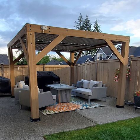 We ❤️ our new outside space - Yardistry Structures - Gazebos, Pavilions and Pergolas Louvered Pergola Roof Diy, Louvre Patio Roof, Louvered Pergola Wall, Motorized Louvered Pergola, New Patio Ideas, Hot Tub Landscaping, Pallet Building, Louvered Pergola, Outdoor Patio Bar