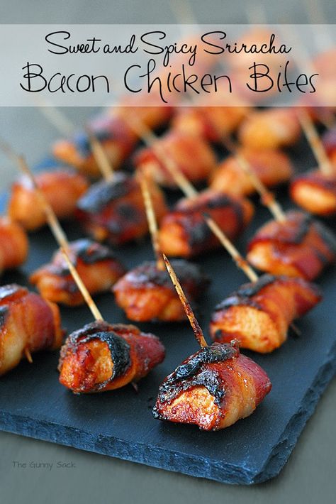 Spicy Pineapple Chicken Kabobs Bacon Chicken Bites, Sriracha Bacon, Bacon Wrapped Meatballs, Super Bowl Snack Recipes, Bacon Wrapped Chicken Bites, Bacon Chicken, Wrapped Chicken, Bacon Wrapped Chicken, Superbowl Snacks