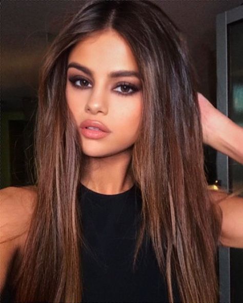 Selena Gomez Hair Color Highlights, Selena Gomes Make Up Looks, Dark Hair Tan Skin Brown Eyes, Selena Gomez Brown Hair, Selena Gomez Smokey Eye, Selena Gomez Eye Makeup, Selena Gomez Highlights, Selena Gomez Makeup Looks Style, Selena Gomez Makeup Eyes