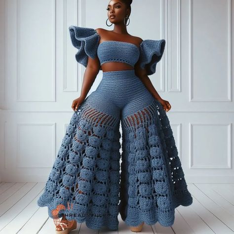 CROCHET PATTERNS AND INSPIRATION | Denim themed crochet❤️😘 #crochetdenim #crochetdenimpants #crochetdenimtops #crochetpantsuits #aiart #aiartwork #aiartcommunity… | Instagram Denim And Crochet, Knitted Outfits For Women, Crochet Skirt Outfit, Crocheting Inspiration, Crochet Wear, Crochet Outfit, Crochet Pants, Knitting Machine Patterns, Crochet Skirts