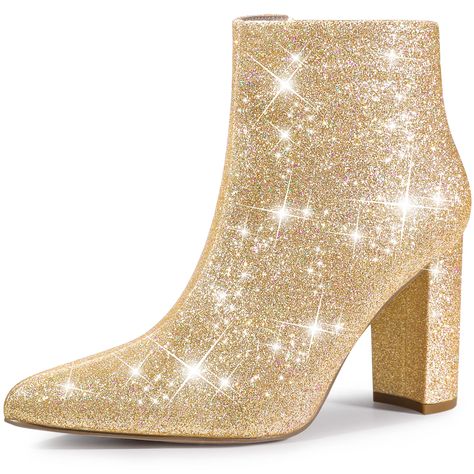 PRICES MAY VARY. [ Material ]: 3 colors: Gold, Pink, Green Glitter Upper, Rubber Sole, ABS Heel 👠 Heel Height: 3.5'' (approx 9 cm); Shaft Height: 4.1'' (approx 10.5 cm) [ FEATURES ]: Sparkly Ankle Boots, Pointed Toe, Chunky High Heels, Glitter Upper, Side Zipper, Padded Insole [ Good for Various Occasion ]: Ankle boots for women with heels are not only for leisure time but also for office, school, parties and dating [ Match ]: The material of glitter has sequins that increase the friction coeff Boots For Work, Sparkly Boots, Shiny Boots, Clear Block Heels, Chunky Heel Ankle Boots, Chelsea Rain Boots, Glitter Boots, Disco Era, Glitter Design