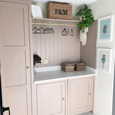 L Shaped Utility Room Small Laundry, U Shape Utility Room, Cream Utility Room, Built In Utility Cupboard, Long Utility Room Ideas, Utility Toilet Room, Blush Laundry Room, Pink Utility Room, Utility Makeover