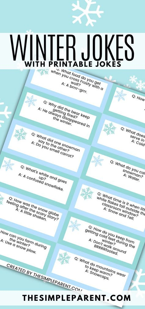 Celebrate all things cold and snow with these funny winter jokes for kids! Get free printable lunchbox jokes to share with the kids! All jokes are clean and family-friendly. Classroom Time Fillers, Winter Jokes For Kids, Lunchbox Ideas Kids, Snow Day Activities For Kids, Fun Questions For Kids, Lunch Jokes, Notes For Kids Lunches, New Year Jokes, Christmas Jokes For Kids