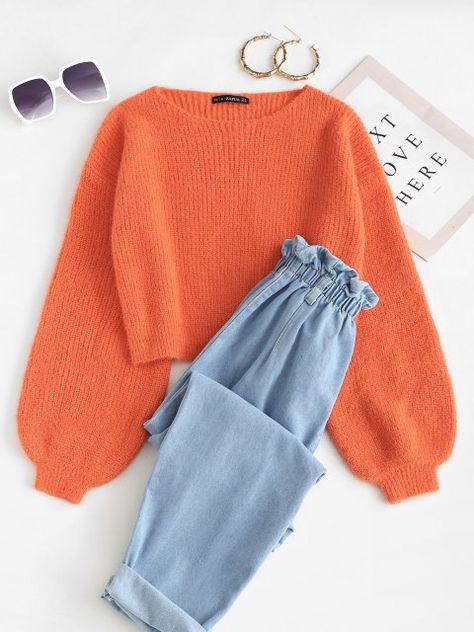 Aesthetic Orange Outfits, Orange Outfits For Women, Trendy Dress Outfits, Cute Lazy Outfits, Lazy Outfits, Causual Outfits, Fuzzy Sweater, Tween Outfits, Fashion Attire