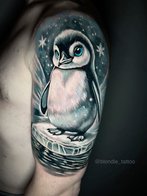 Penguin And Flower Tattoo, Penguin Tattoos, Penguin Sleeve Tattoo, New School Penguin Tattoo, Penguin Drawing Tattoo, Dot Work Penguin Tattoo, Penguin Tattoo, Animal Sleeve Tattoo, Tattoo Pattern