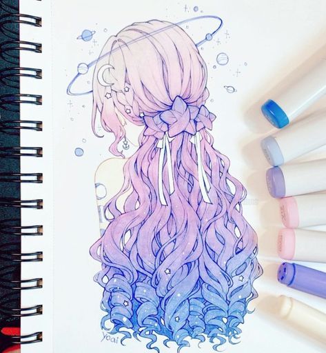 Cute Hair Drawing Ideas, Mermaid Art Drawing Sketches, Fantasy Hair Drawing, Mermaid Vtuber, Oc Hair Ideas Drawing, Hairstyle Art Reference, Cute Aesthetic Doodles, Hair Inspo Drawing, Cool Marker Drawings