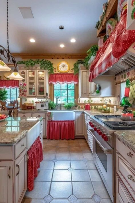 red and white strawberry kitchen design Strawberry Shortcake Kitchen Decor, Garden Themed Kitchen, Strawberry Kitchen Decor Ideas, Strawberry Shortcake Kitchen, Strawberry Kitchen Theme, Strawberry Themed Kitchen, Kitchen Theme Ideas, Strawberry Kitchen Decor, Cozy Kitchens