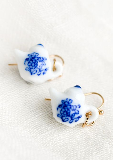 Earrings | LEIF Blue Porcelain Jewelry, Clay Ideas Earrings, Porcelain Aesthetic, Infinite Jewelry, Joy Outfits, Teapot Earrings, Playful Earrings, Wooden Wick Candles, Small Gold Hoop Earrings