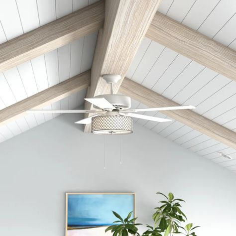 Ceiling Beams Living Room, Coastal Ceiling Fan, Beams Living Room, Vaulted Ceiling Living Room, Shiplap Ceiling, Ceiling Fan Bedroom, Tongue And Groove Ceiling, Plank Ceiling, Metal Drum