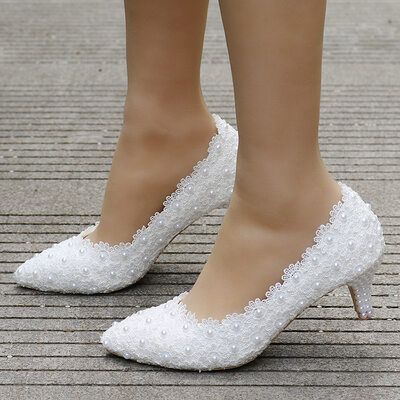 [£35.00] Women's Leatherette Stiletto Heel Closed Toe Pumps With Imitation Pearl Applique Birthday Heels, White High Heel Sandals, Bride Heels, Lace High Heels, Mom Shoes, Ivory Wedding Shoes, Wedding Pumps, Wedding Shoes Lace, Lace Pumps