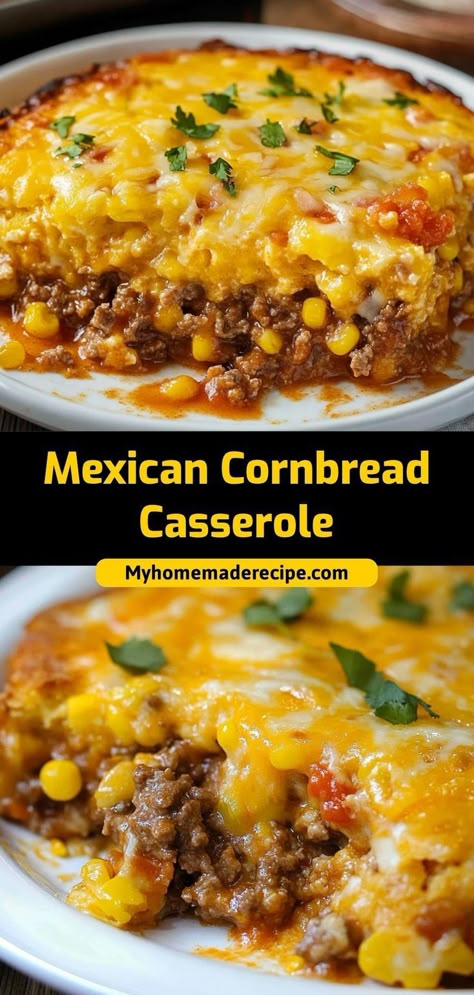 This Mexican cornbread casserole is cheesy, flavorful, and perfect for a weeknight dinner. A savory blend of cornbread, ground beef, and cheese. Ingredients: 1 box cornbread mix 1 lb ground beef 1 cup shredded cheese 1 can diced green chilies Make this cheesy and savory Mexican cornbread casserole for an easy and delicious family dinner Cornbread Ground Beef, Ground Beef Cornbread, Box Cornbread, Mexican Cornbread Casserole, Best Chicken Casserole, Delicious Family Dinners, Mexican Cornbread, With Cornbread, Oven Baked Recipes