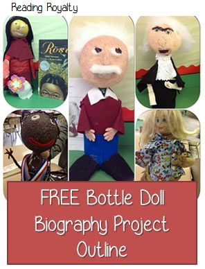 Use this bottle doll project as an alternative to traditional biography book reports! Free outline included! Michaela Almeida, Reading Royalty Biography Book Report, Bottle Doll, Biography Report, Bottle Buddy, Biography Projects, Biography Project, 3rd Grade Social Studies, Reading Projects, Book Reports