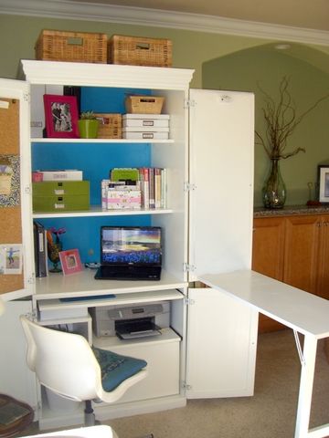 An office cabinet with a fold out table. This might working for my sewing area. Armoire Desk Home Offices, Organizing Desk, Hidden Office, Craft Armoire, Armoire Desk, Computer Armoire, Fold Out Desk, Fold Out Table, Armoire Makeover