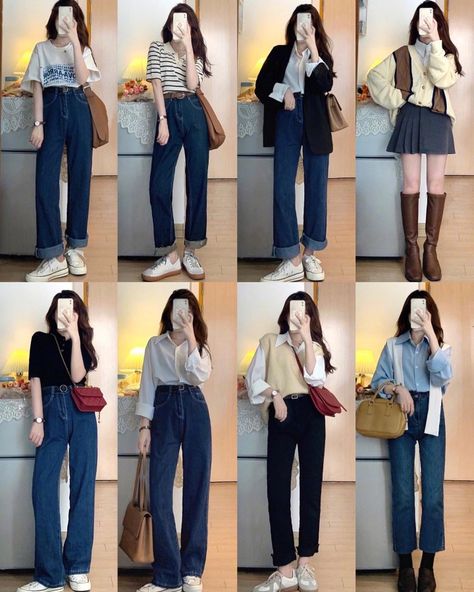 Campus Outfit, Neat Casual Outfits, Trendy Girls Outfits, Simple Casual Outfits, Mix Match Outfits, Simple Style Outfits, Korean Outfit Street Styles, Fashion Capsule Wardrobe, Casual College Outfits