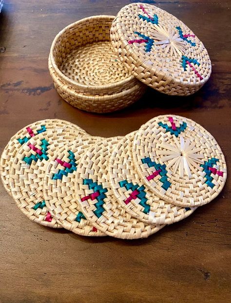 Vintage Woven Lidded Basket With Coasters/trivets Set | Etsy Woven Coasters, Lidded Basket, Lidded Baskets, Jute Crafts, Bamboo Basket, Woven Basket, Boho Home, Trivets, Basket Decoration