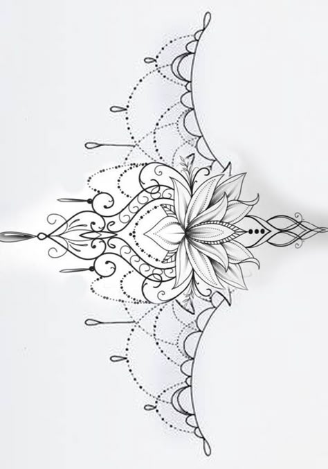 Chandelier Tattoos For Women Chest, Lotus Sternum Tattoo Women, Mandela Tattoo Designs For Women, Mandela Back Tattoo, Lotus Flower Tattoo Sternum, Mandala Chest Tattoo Female, Sternum Mandala Tattoo, Lotus Chest Tattoo, Sternum Tattoo Stencil