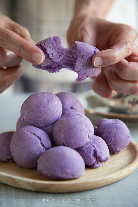 Gluten Free Mochi Bread, Gluten Free Korean Dessert, Chinese Sweet Potato Recipes, Gluten Free Filipino Recipes, Japanese Purple Sweet Potato Recipe, Mochiko Recipes, Gluten Free Mochi, Mochi Bread Recipe, Purple Mochi