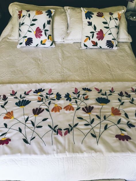 Bed Footboard, Diy Sofa Cover, Bed Sheet Painting Design, Bed Cover Design, Designer Bed Sheets, Embroidered Bedding, Cushion Cover Designs, Diy Sofa, Bed Runner