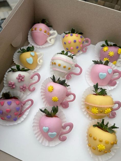 Storybook Tea Party, Yea Party Birthday Ideas, Strawberry Tea Party Aesthetic, Toddler Tea Party Ideas, Teacup Strawberries, Tea Party Appetizers, Yea Party Ideas, Tea Party Sweets, Alice In Wonderland Treats Sweets