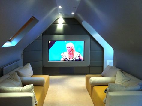 Wonderland Room For The Whole Family 18 Marvelous Attic Home Cinema Designs Attic Media Room, Home Cinema Design, Loft Conversion Bedroom, Attic Renovation Ideas, Finished Attic, Cinema Design, Attic Playroom, Attic House, Home Cinema Room