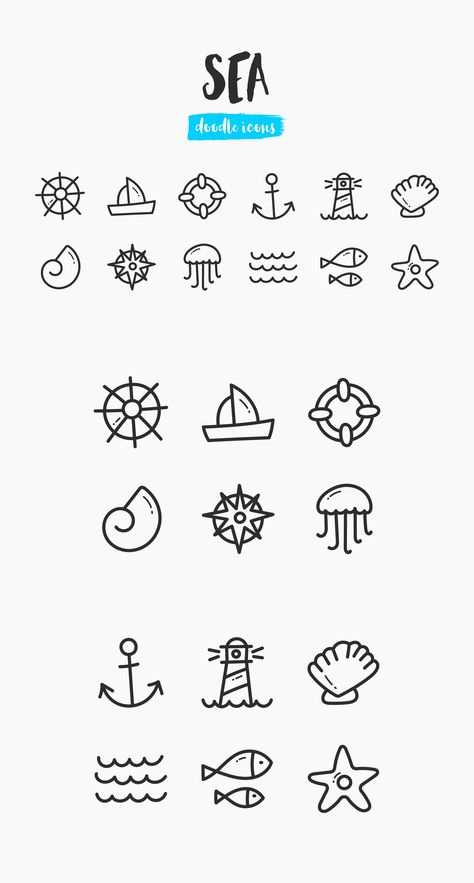 Sea Hand-Drawn Doodle Icons Doodle Art Sea, Simple Sea Drawing, Sea Doodle Art, Sea Animal Doodles, Sea Creature Doodles, Beachy Doodles, Ocean Doodles, Sea Doodles, Doodle Fish