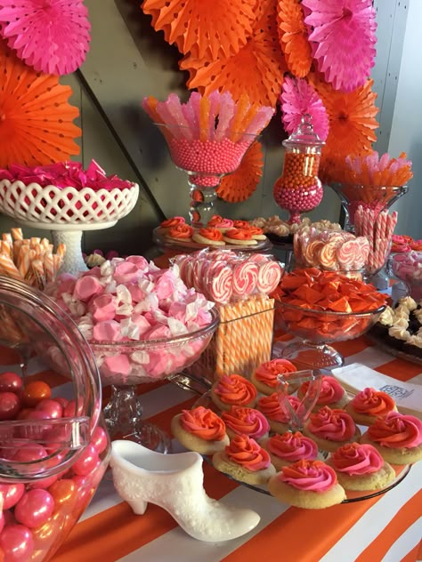 Pink And Orange Treat Table, Pink And Orange Dessert Table, Pink And Orange Sweet 16, Orange And Pink Birthday Party Ideas, Pink And Orange Graduation Party, Pink And Orange Party Theme, Orange Party Theme, Orange Candy Buffet, Orange Birthday Cake