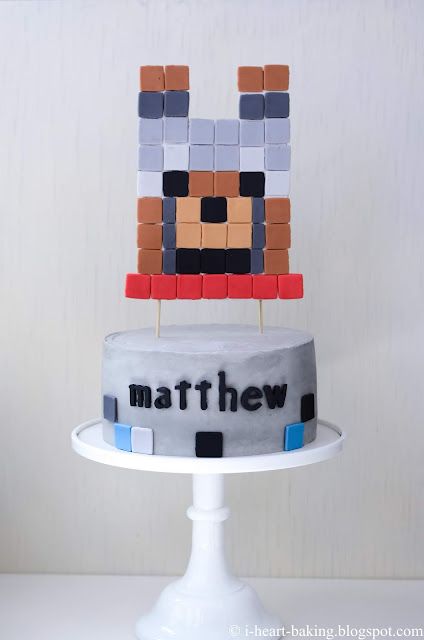 i heart baking!: minecraft wolf birthday cake with handmade fondant topper Minecraft Wolf Cake, Wolf Birthday Cake, Minecraft Cake Ideas, Minecraft Pickaxe, Wolf Birthday, Wolf Cake, Minecraft Wolf, Fondant Letters, Heart Baking