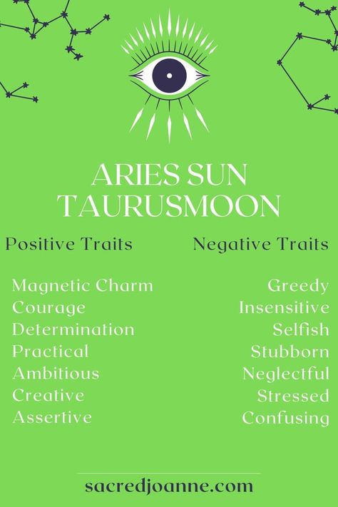 Are you an Aries Sun Taurus Moon? You embody the best of both worlds, but with this combination, you may sometimes find yourself at odds between the two temperaments. Aries Sun, and Taurus Moon people are incredibly passionate and sensual lovers, always striving for emotional and financial stability. When these determined souls set their hearts on something, there’s no stopping them – they will fight to the end in order to achieve it! Aries Sun Taurus Moon, Moon People, Jupiter Sign, Aries Sun, Saturn Sign, Mercury Sign, Taurus Moon, Positive Traits, Negative Traits