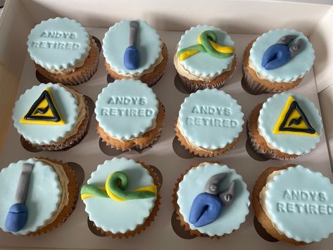 Self taught baker. Used his job to inspire me with personalised toppers. Electrician Cupcakes, Retirement Cupcakes, Cupcake Designs, Cup Cakes, Cupcake, Cake, Quick Saves, Design