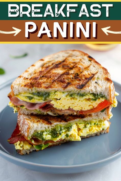 Upgrade your morning with this savory breakfast panini! Loaded with eggs, bacon, ham, tomatoes, spinach, and cheese, it's an absolute delight. Breakfast Panini Recipes, Breakfast Panini, Quick Easy Breakfast, Savory Ham, Egg Sandwich Recipe, Ham Breakfast, Panini Recipes, Breakfast Goodies, Juicy Tomatoes