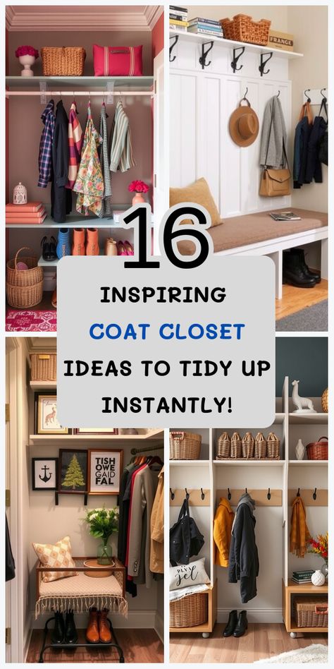 Discover 16 ways to maximize your coat closet with simple yet stylish upgrades that make it easier than ever to stay organized. Organizing Coat Closet Entryway, Coat And Storage Closet Ideas, Foyer Closet Organization Ideas, Cost Closet Ideas, Organized Coat Closet Entryway, Converting Coat Closet To Storage, Entry Hall Closet Organization, Creative Coat Storage, Tall Coat Closet Organization