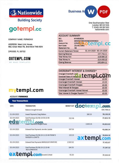 NATIONWIDE Building Society firm bank statement Word and PDF template Passport Template, Free Business Plan, Statement Template, Bank Statement, Filing Taxes, Financial Health, Identity Theft, Pdf Templates, Financial Success