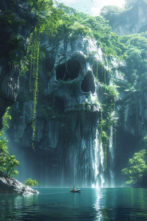 #SereneNaturalScene #Waterfall #GiantCreatureSkull #EtherealAtmosphere #Mystical #Cinematic #2:3AspectRatio #Stylize750 #TheCandie Other Worlds Art, Creepy Jungle, Lake With Waterfall, Mystical Waterfall, Dnd Landscape, Fantasy Lake, Fantasy Waterfall, Beautiful Nature Art, Surrealist Landscape