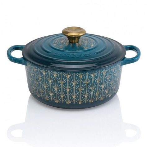 Gold Art Deco Pattern, Le Creuset Kitchen, Stylish Room Decor, Le Creuset Cookware, Gold Decal, Art Deco Pattern, Vase Design, Deep Teal, Casserole Dish