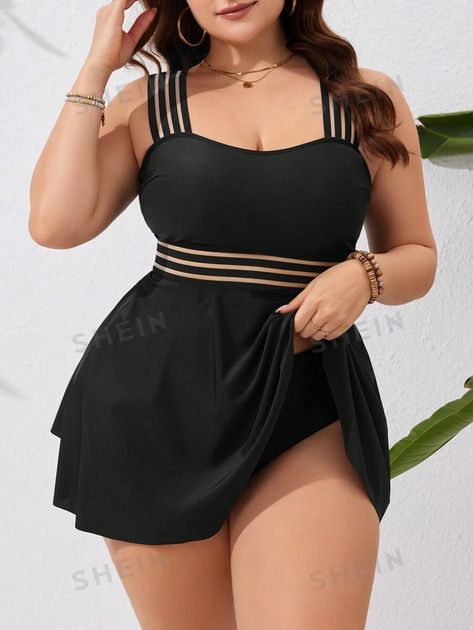 SHEIN Swim Curve Plus Size Monochromatic Swimwear Set, Bathing Suit Beach Outfit Vacay Vibe | SHEIN USA Plus Size Swimwear Black Women, Mid Size Bathing Suit, Classy Bathing Suits, Swimsuits Plus Size, Beach Plus Size, Plus Size Bathing Suits, Beach Stuff, Summer Style Guide, Best Swimsuits