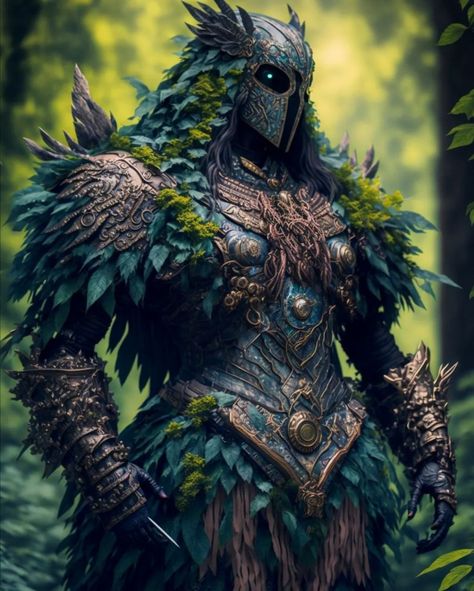 Tree Knight Art, Forest Knight Fantasy Art, Forest Kingdom Fantasy Art, Nature Paladin, Druid Fantasy Art, Fae Knight, Druid Armor, Forest Knight, Forest Warrior