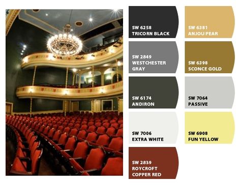 Love theater? Here's a color palette inspired by Wilmington's historic Thalian Hall. Built in 1855-1858, it once housed the town government, the library, as well as an "Opera House", seating 1,000 people. Now, it hosts 422 events and 80,000 people annually. Opera Color Palette, Movie Theater Color Palette, Theatre Color Palette, Theater Color Palette, Theatre Moodboard, Abandoned Theatre, Classic Movie Theaters, Gala Decor, Colour Mood