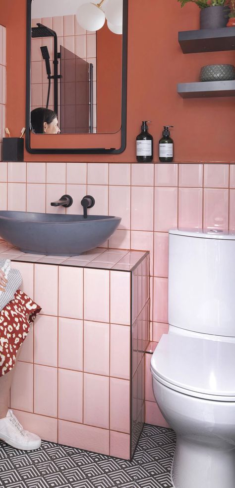 Metro Tiles Bathroom, Blush Bathroom, Pink Tile Bathroom, Pink Bathrooms, Colourful Bathroom, Painting Bathroom Tiles, Earthy Terracotta, Terracotta Colour, Small Toilet Room