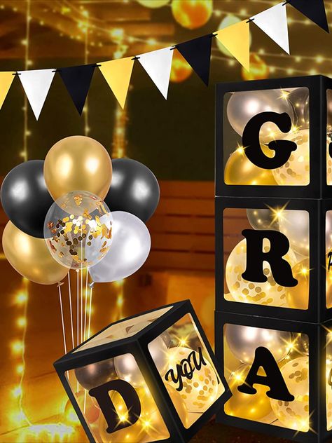 Graduation Party Colors, Balloon Boxes, Graduation Box, Grad Banner, Black And Gold Balloons, Party Streamers, Balloon Box, Graduation Balloons, So Proud Of You