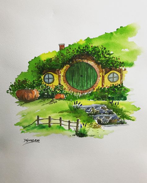 Casa Hobbit, House Watercolor, Hobbit Art, Lotr Art, Hobbit House, House Drawing, Cool Art Drawings, Lord Of The Rings, The Hobbit