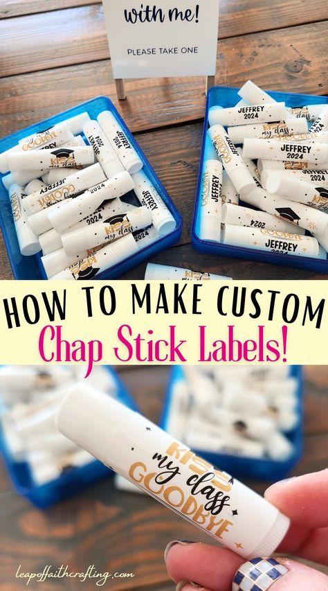 Since I was making these personalized chapstick as a party favor for a gradation party, I thought I'd make a quick video to show you how. I am using my Cricut Explore 3 to cut printable vinyl and Cricut Design Space to design the lip balm labels. Easy and inexpensive custom party favor!! Chapstick Christmas Printable, Diy Chapstick Labels, Chapstick Labels Printable Free, Chapstick Gift Tag, Diy Cricut Party Favors, Christmas Lip Balm Labels Free Printable, Cricut Party Favors, Custom Chapstick, How To Make Chapstick