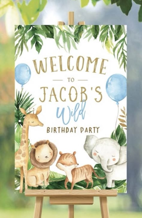 Jungle Theme Welcome Board, Decoracion Baby Shower Safari, Baby Shower Animal Theme, Safari Welcome Sign, Kid Birthday Party Themes, Safari Bebe, Wild One Bday, First Birthday Theme Ideas, First Birthday Invitation Cards