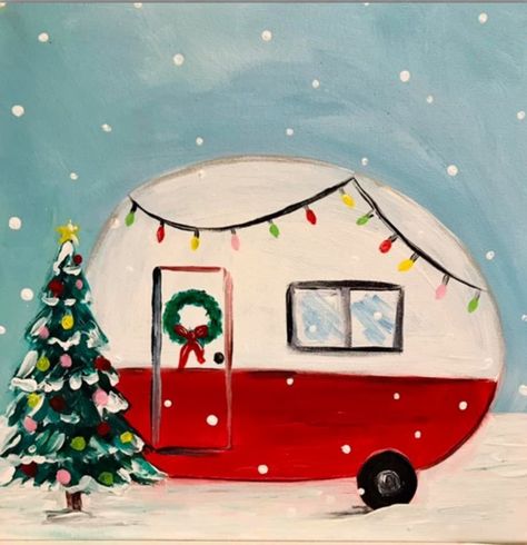 Christmas Group Painting Ideas, Christmas Camper Painting, Simple Christmas Acrylic Paintings, Country Christmas Paintings, Canvas Painting Ideas For Beginners Christmas, Winter Christmas Painting, Christmas Diy Canvas Painting, Girly Christmas Paintings, Christmas Step By Step Painting