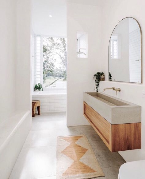 An arched mirror, natural finishes and a leafy green outlook......the perfect spot to retreat in this Byron Bay bathroom by @davisarchitects 👌🏻 @las_palmas_byron Photo @anniebuck.photo Bathroom, timber vanity, brass tapware Arched Mirror, Boho Bathroom, Bathroom Inspo, Bathroom Renos, Byron Bay, House Inspo, Bathroom Inspiration, 인테리어 디자인, Decor Interior Design